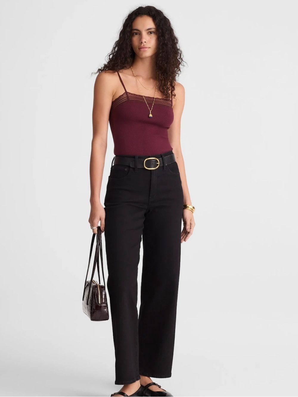Madewell dark pomegranate Lace-Trim Square-Neck Tank
